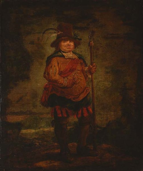 Portrait of a peasant man, standing full-length, wearing a pleated orange doublet and holding a spear