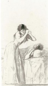 A Young Woman Arranging Her Hair Beside A Bed On Which Another Woman Is Resting