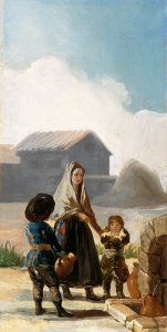 A woman and two children by a fountain